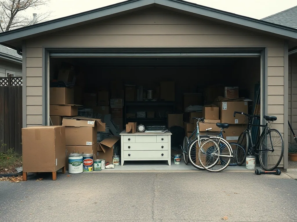 A two-car garage packed to the door line with cardboard boxes, a dresser, paint tins and bicycles, seen from the driveway.