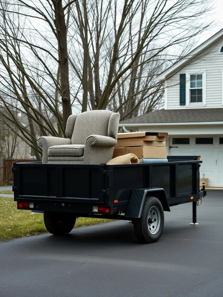 A dump trailer parked on a residential driveway, half loaded with a worn armchair, a rug and stacked cardboard boxes, bare trees behind it.
