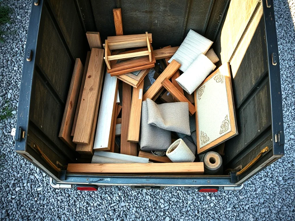 Looking down into an open trailer bed filled with broken lumber, a rolled carpet and torn framing.