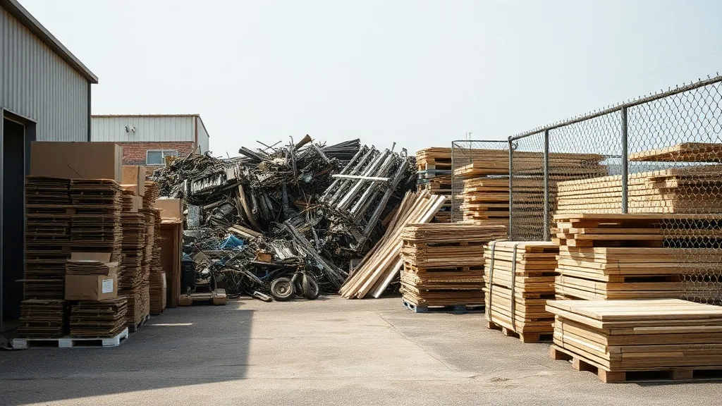 A yard sorting area with baled cardboard stacked on pallets, a heap of scrap metal and clean lumber separated to one side.